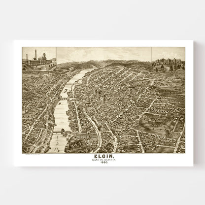 Vintage Map of Elgin, Illinois 1880