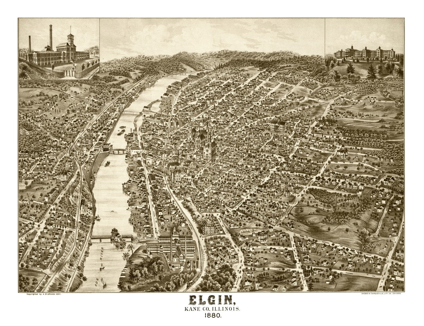 Vintage Map of Elgin, Illinois 1880