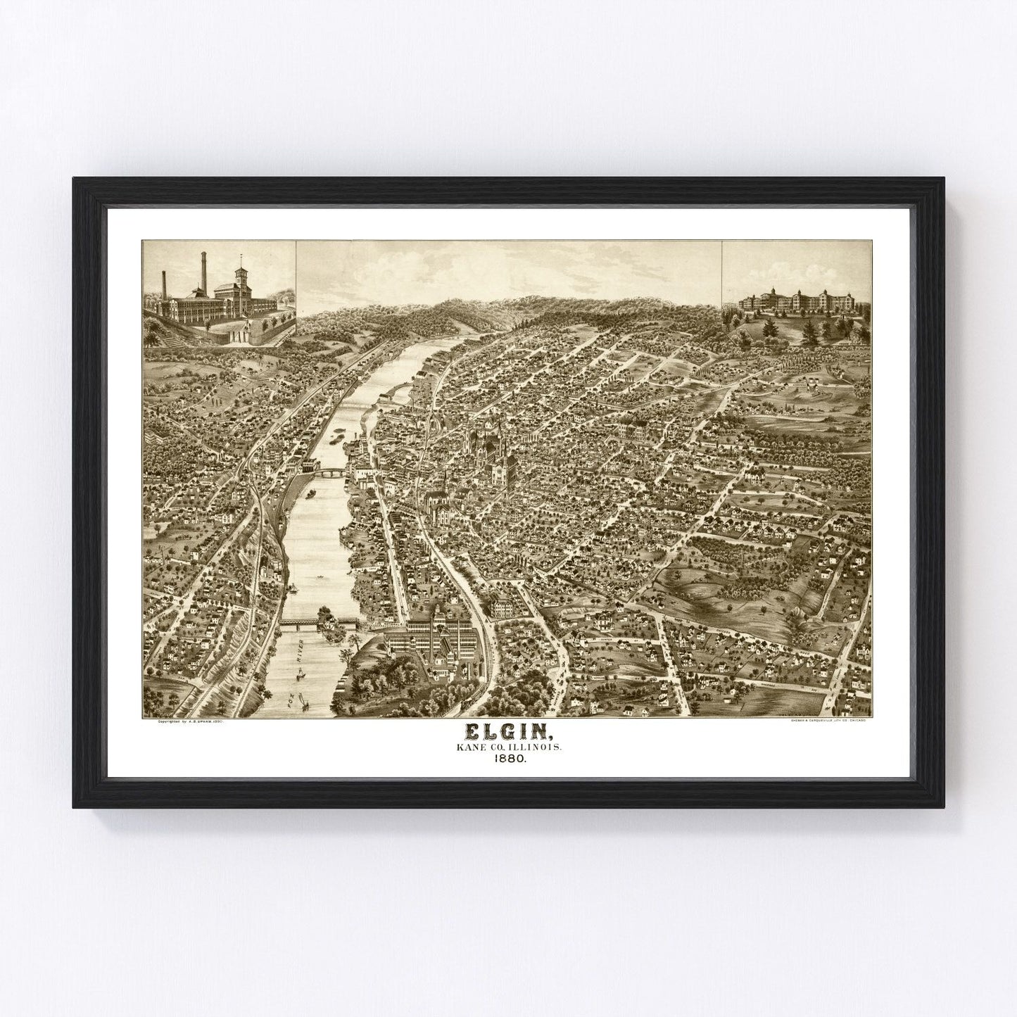 Vintage restored map of Elgin, Illinois, 1880, Gilded Age watchmaking city cartography