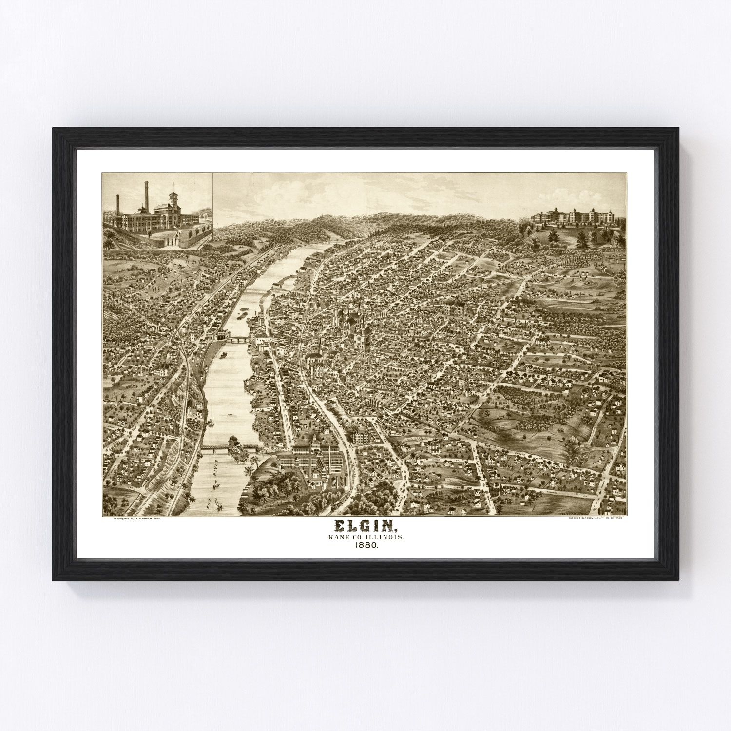 Vintage restored map of Elgin, Illinois, 1880, Gilded Age watchmaking city cartography