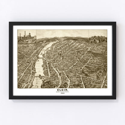 Vintage restored map of Elgin, Illinois, 1880, Gilded Age watchmaking city cartography