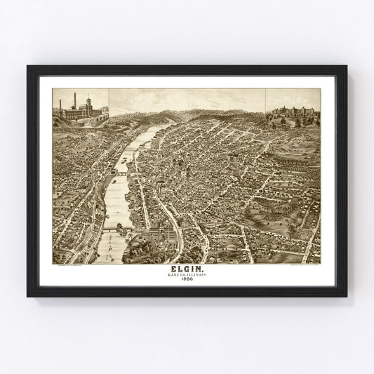 Vintage restored map of Elgin, Illinois, 1880, Gilded Age watchmaking city cartography