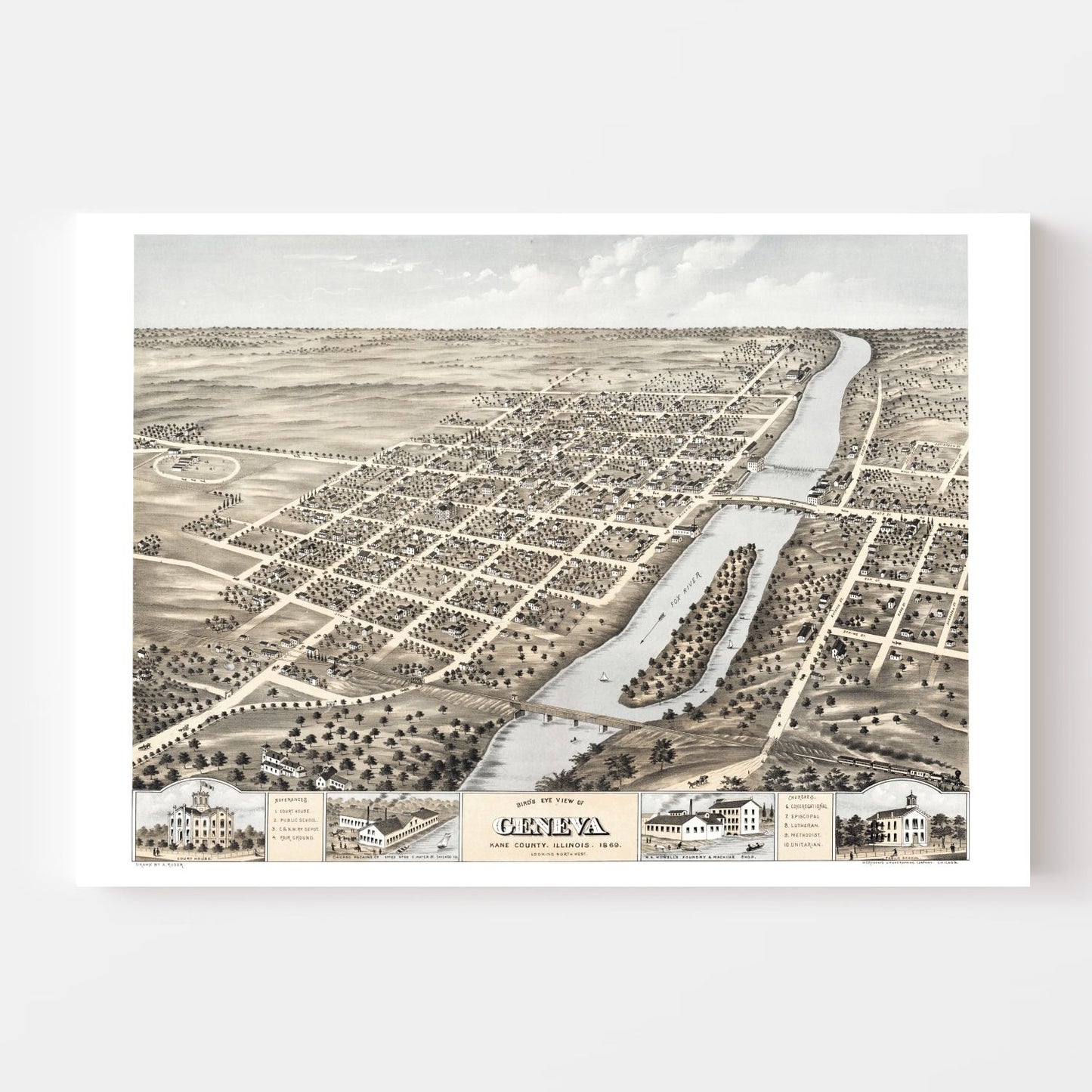Vintage Map of Geneva, Illinois, 1869