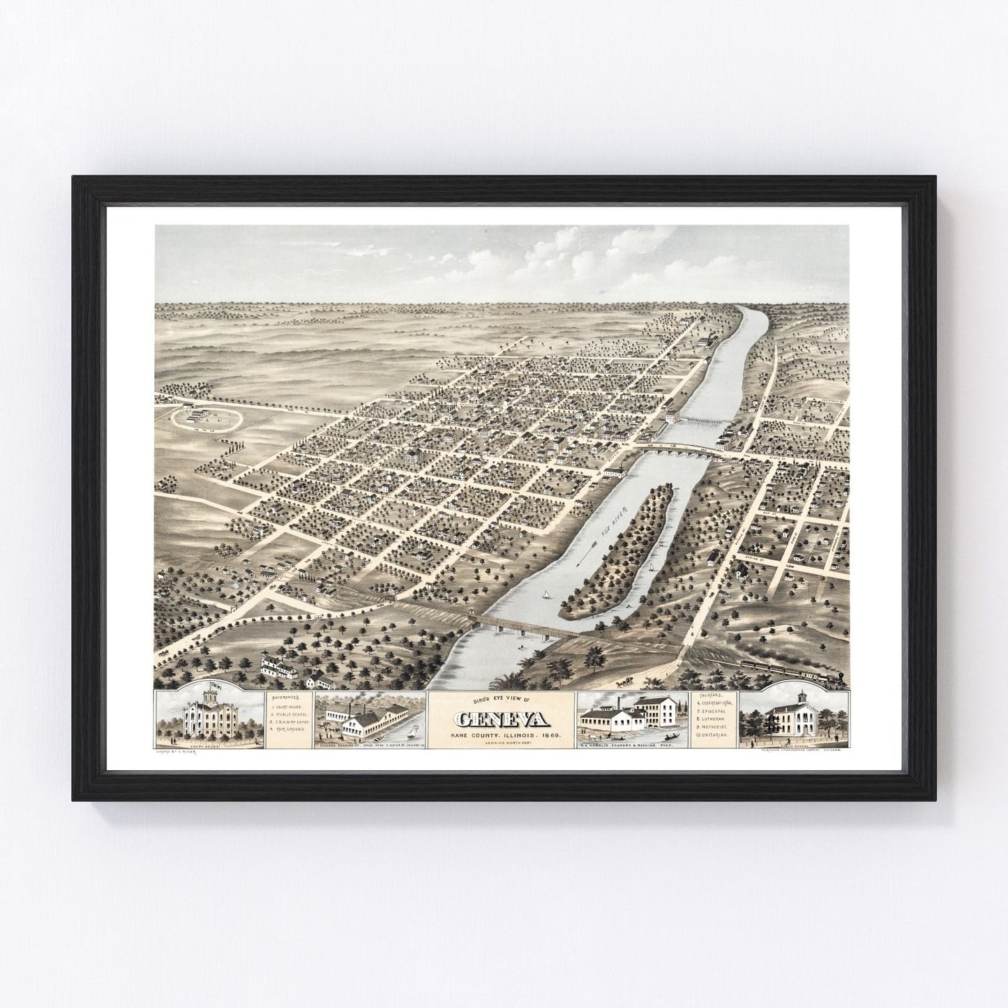 Vintage map of Geneva, Illinois, 1869