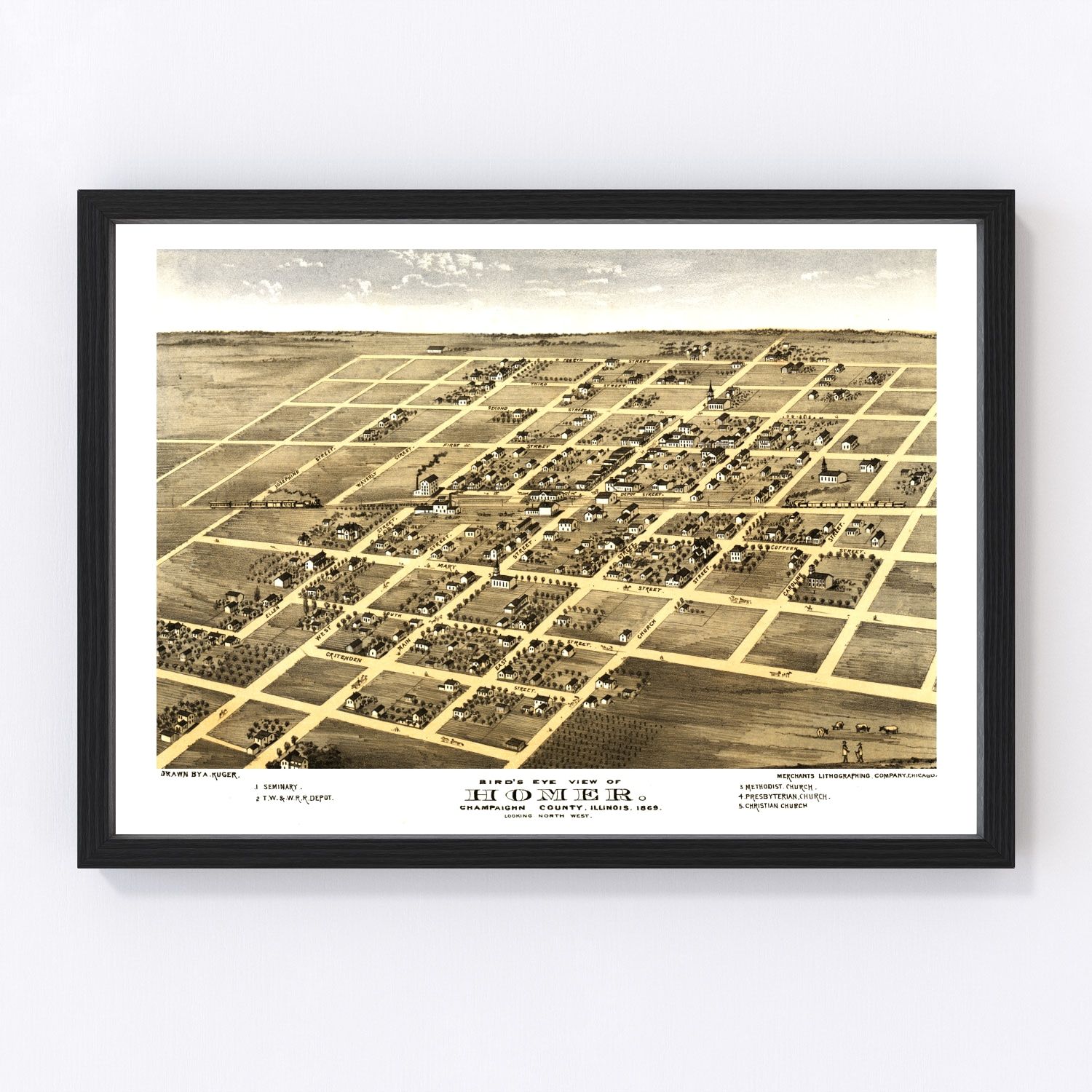Vintage map of Homer, Champaign County, Illinois, 1869