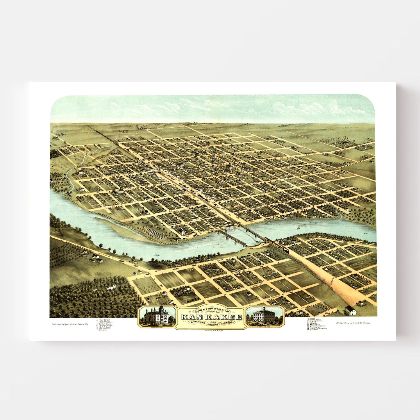Vintage Map of Kankakee, Illinois, 1869