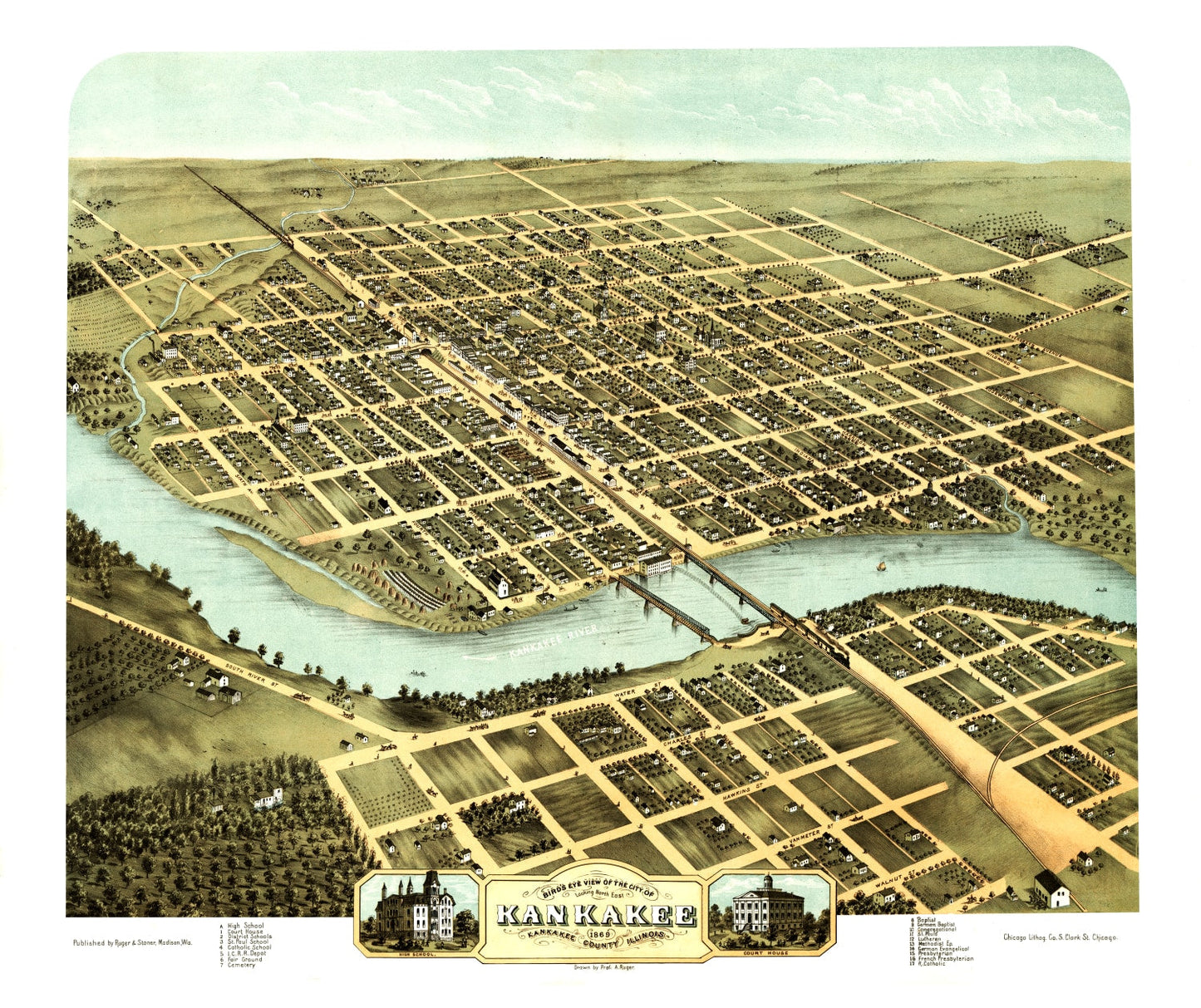 Vintage Map of Kankakee, Illinois, 1869