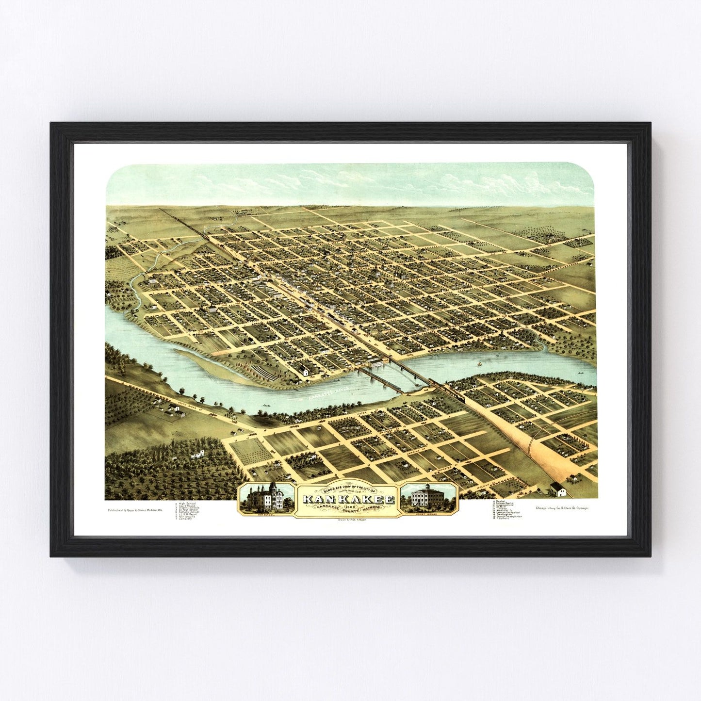 Vintage map of Kankakee, Illinois, 1869