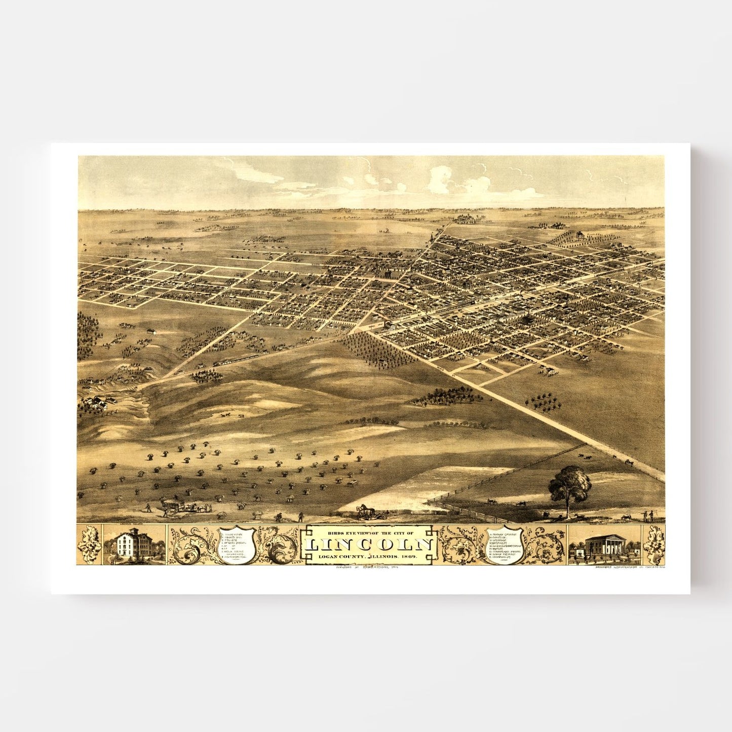 Vintage Map of Lincoln, Illinois, 1869