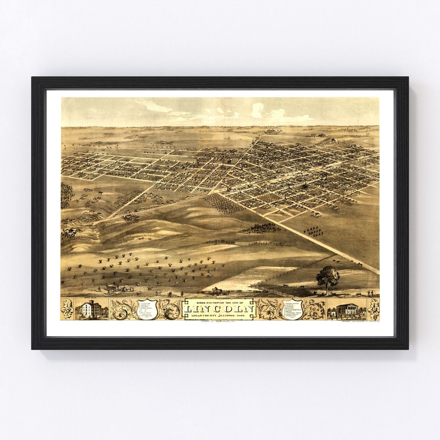 Vintage map of Lincoln, Illinois, 1869