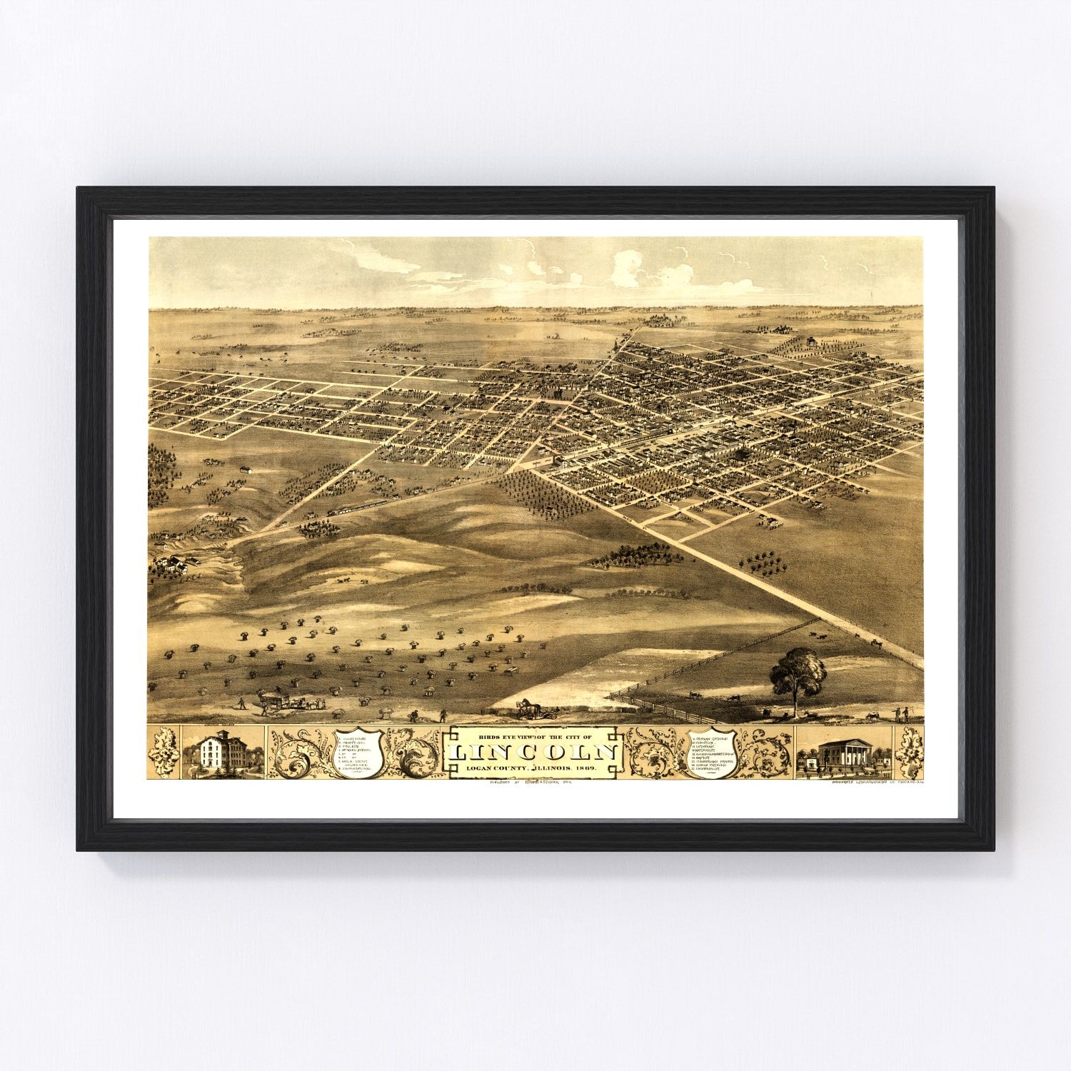 Vintage map of Lincoln, Illinois, 1869