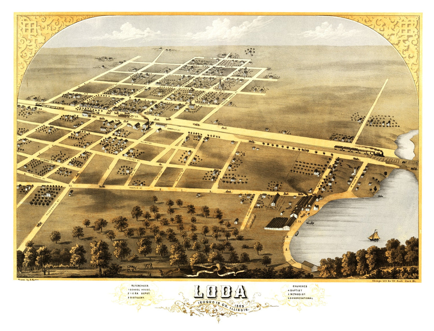 Vintage Map of Loda, Illinois, 1869