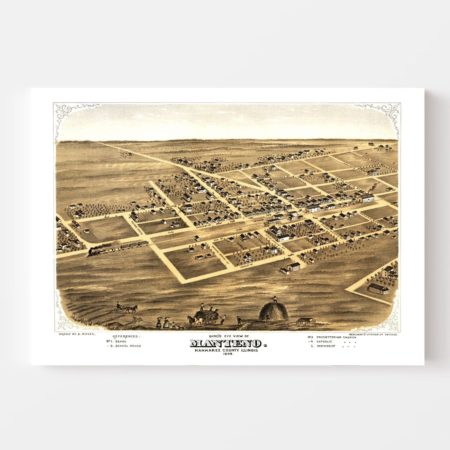 Vintage Map of Manteno, Illinois, 1869