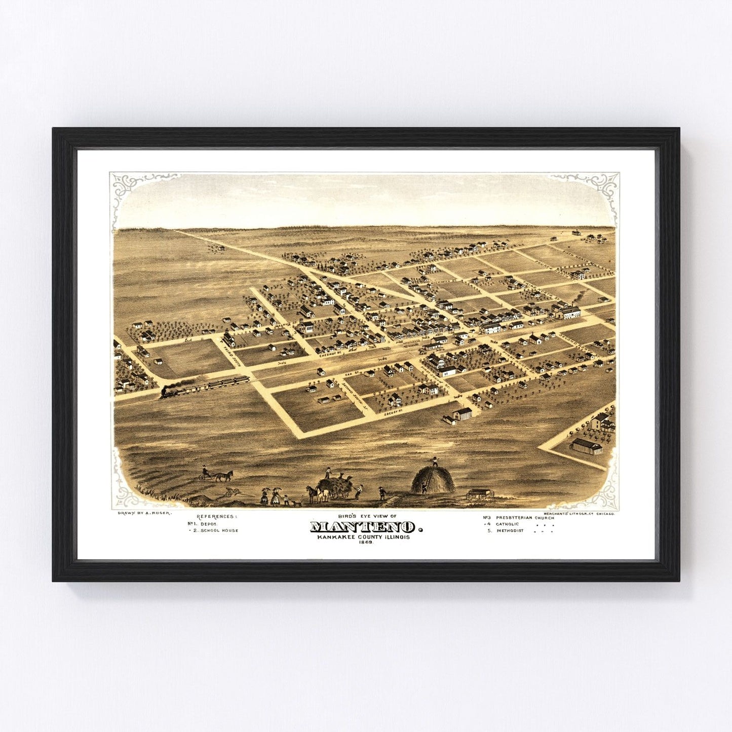 Vintage map of Manteno, Illinois, 1869