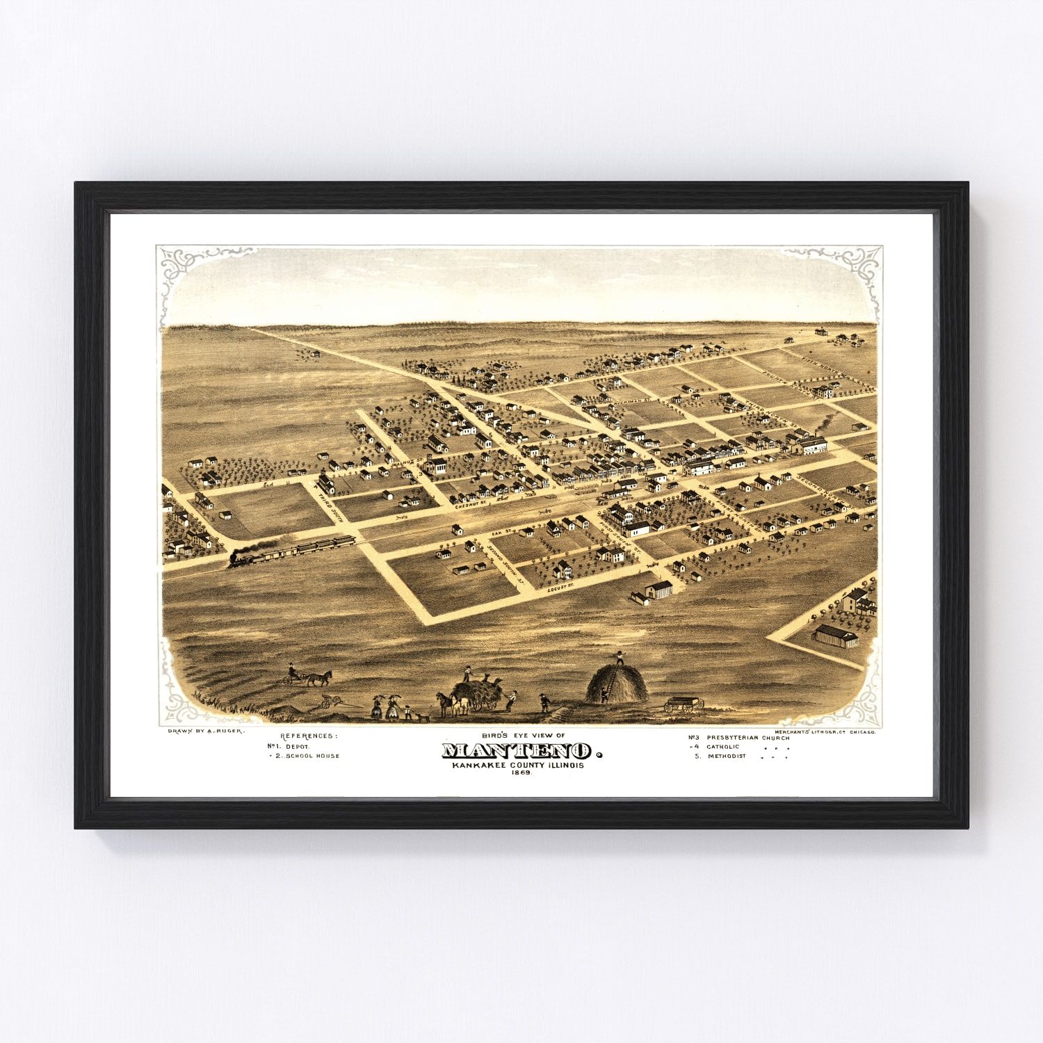 Vintage map of Manteno, Illinois, 1869