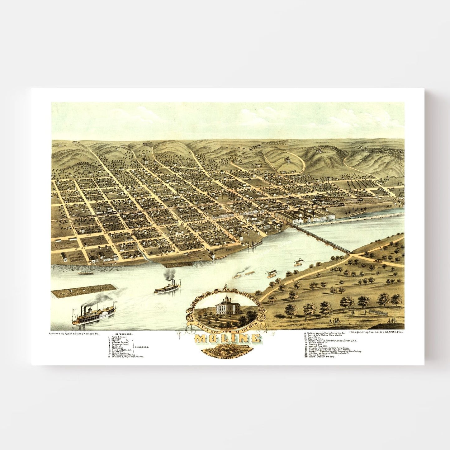 Vintage Map of Moline, Illinois, 1869
