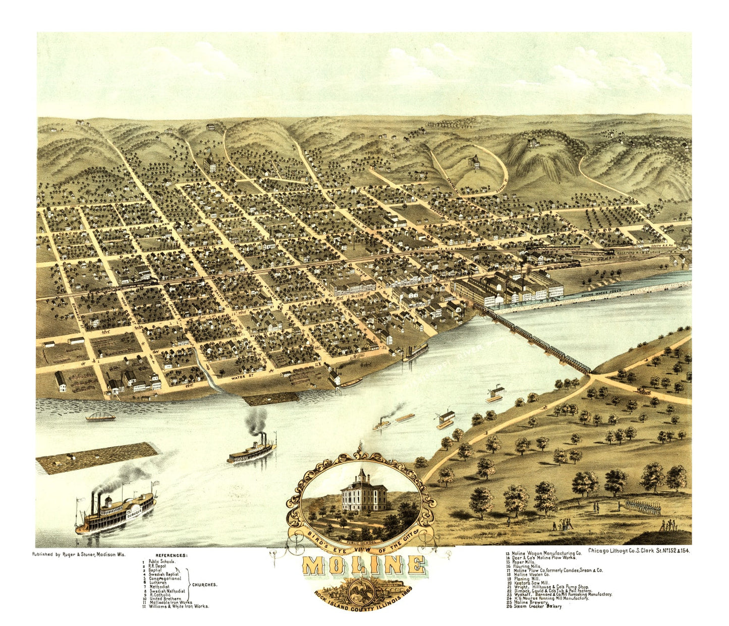 Vintage Map of Moline, Illinois, 1869