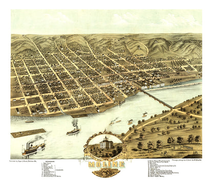 Vintage Map of Moline, Illinois, 1869