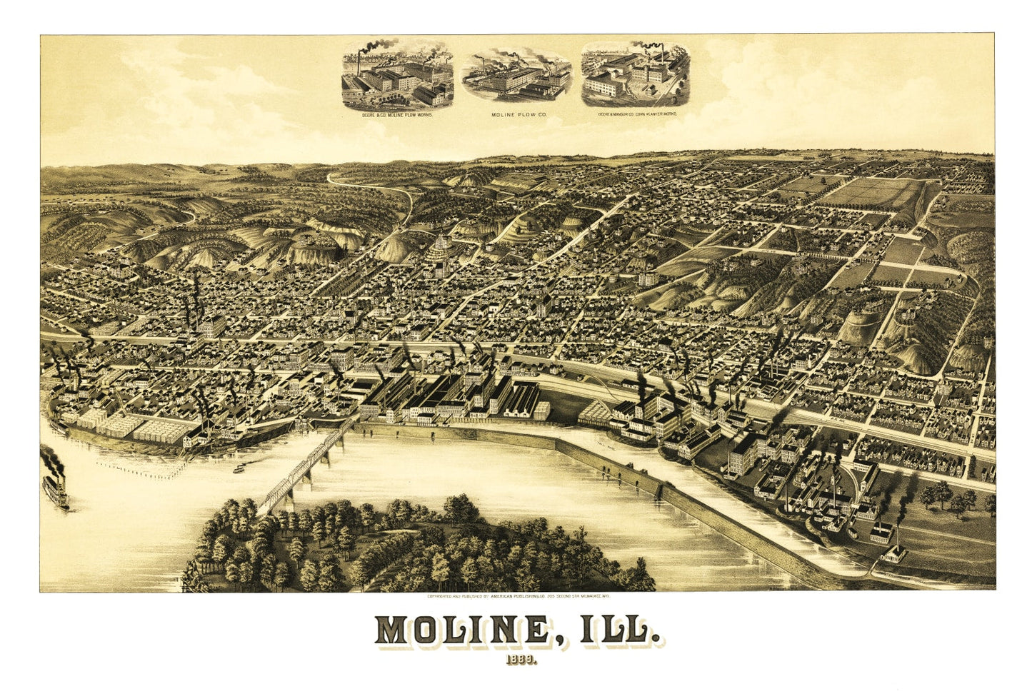 Vintage Map of Moline, Illinois, 1889