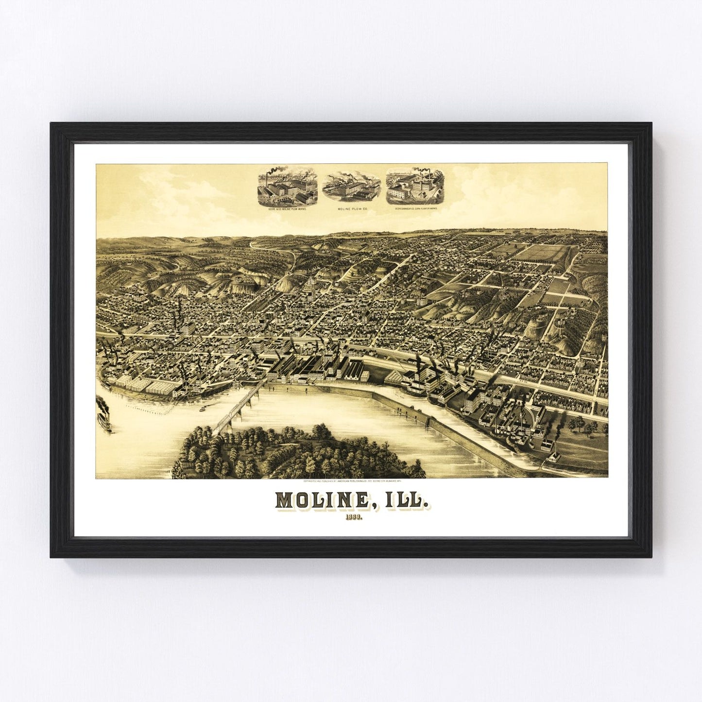vintage map of Moline, Rock Island County, Illinois, 1889