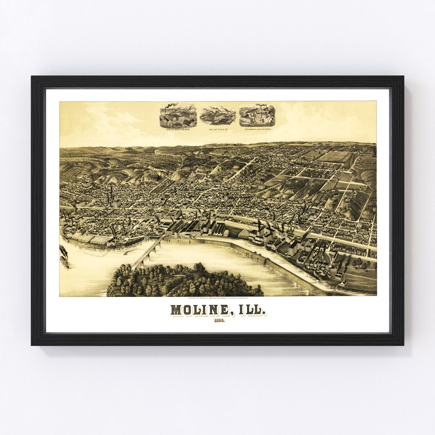 vintage map of Moline, Rock Island County, Illinois, 1889