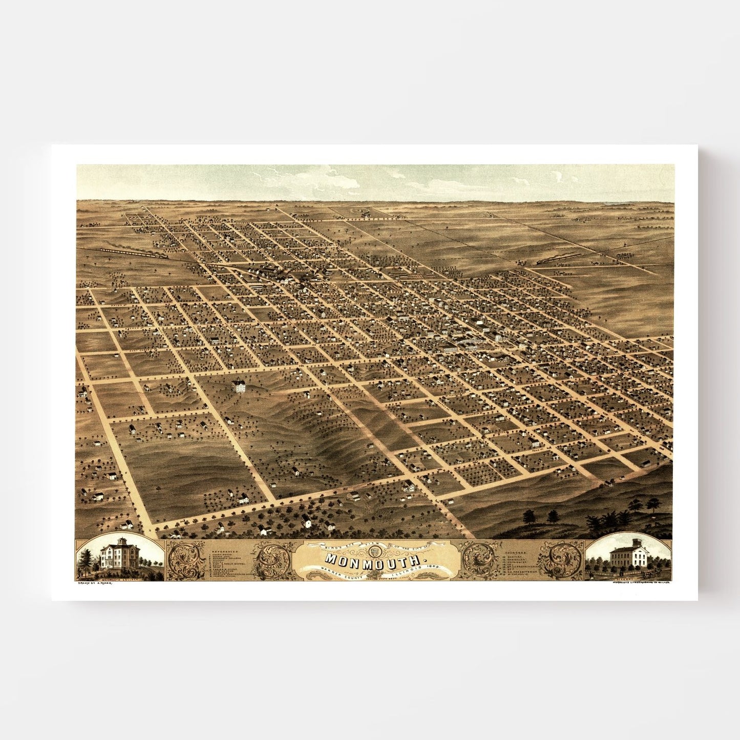 Vintage Map of Monmouth, Illinois, 1869
