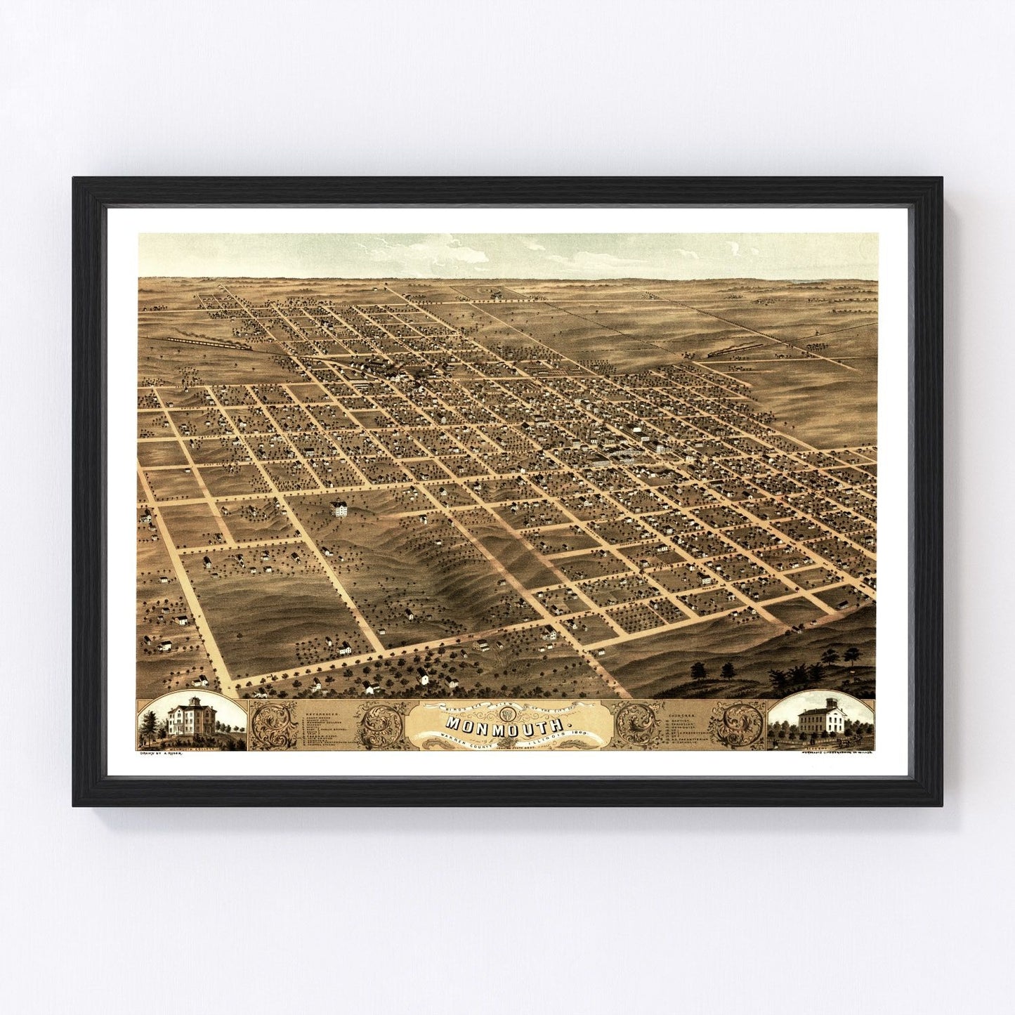 Vintage map of Monmouth, Illinois, 1869
