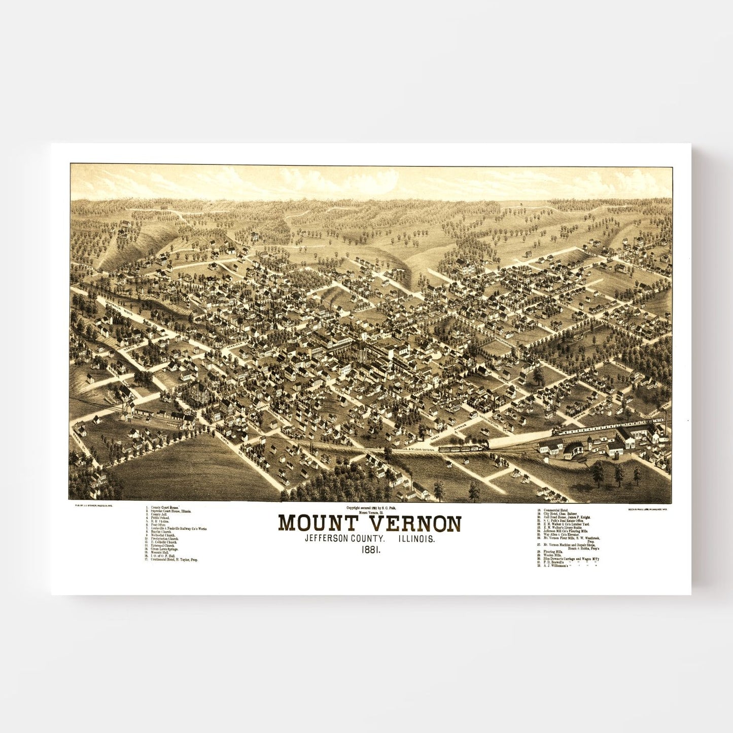 Vintage Map of Mount Vernon, Illinois, 1881