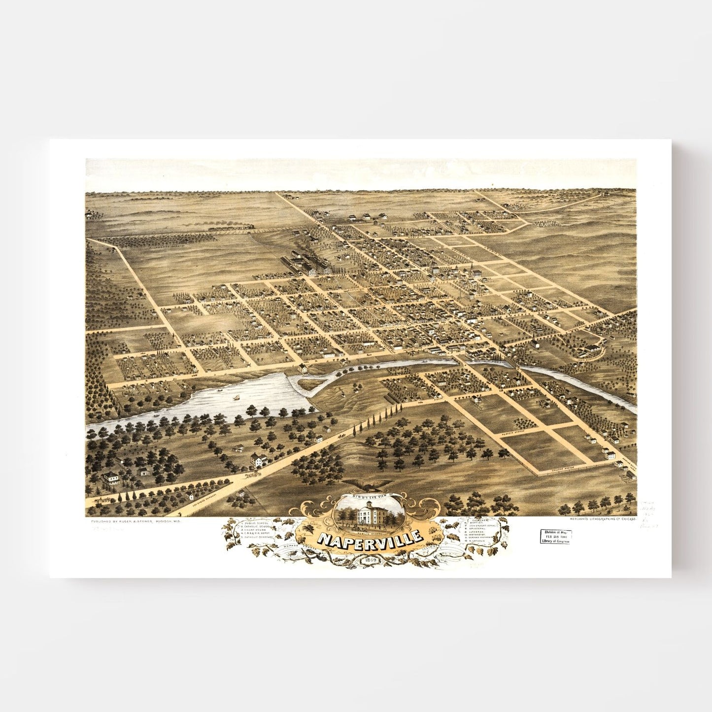 Vintage Map of Naperville, Illinois, 1869