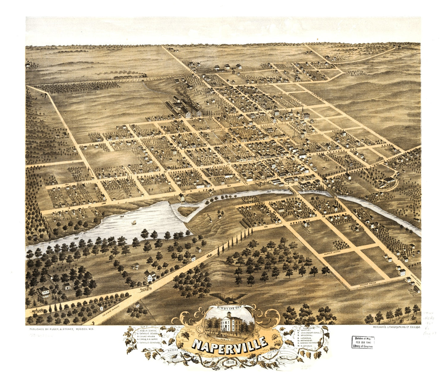Vintage Map of Naperville, Illinois, 1869