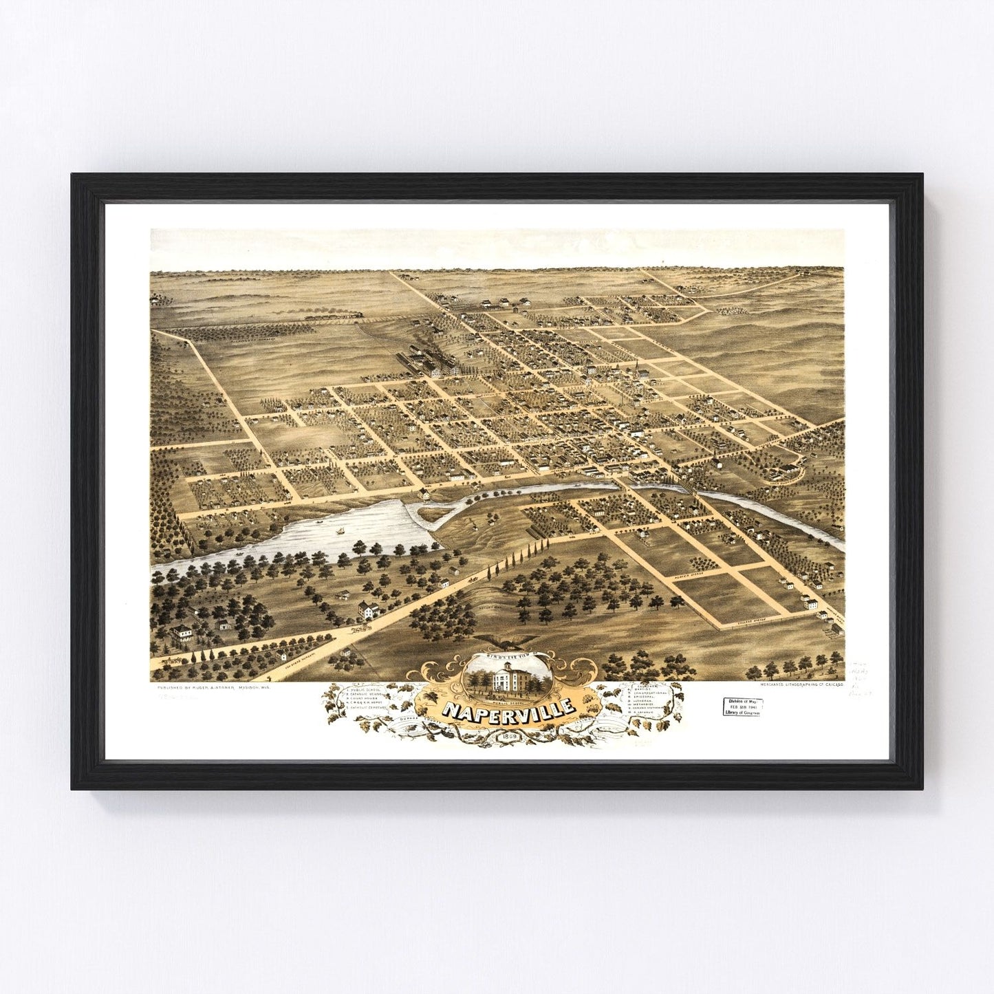 Vintage map of Naperville, Illinois, 1869