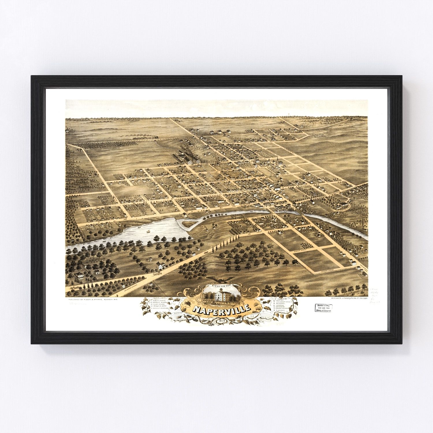 Vintage map of Naperville, Illinois, 1869