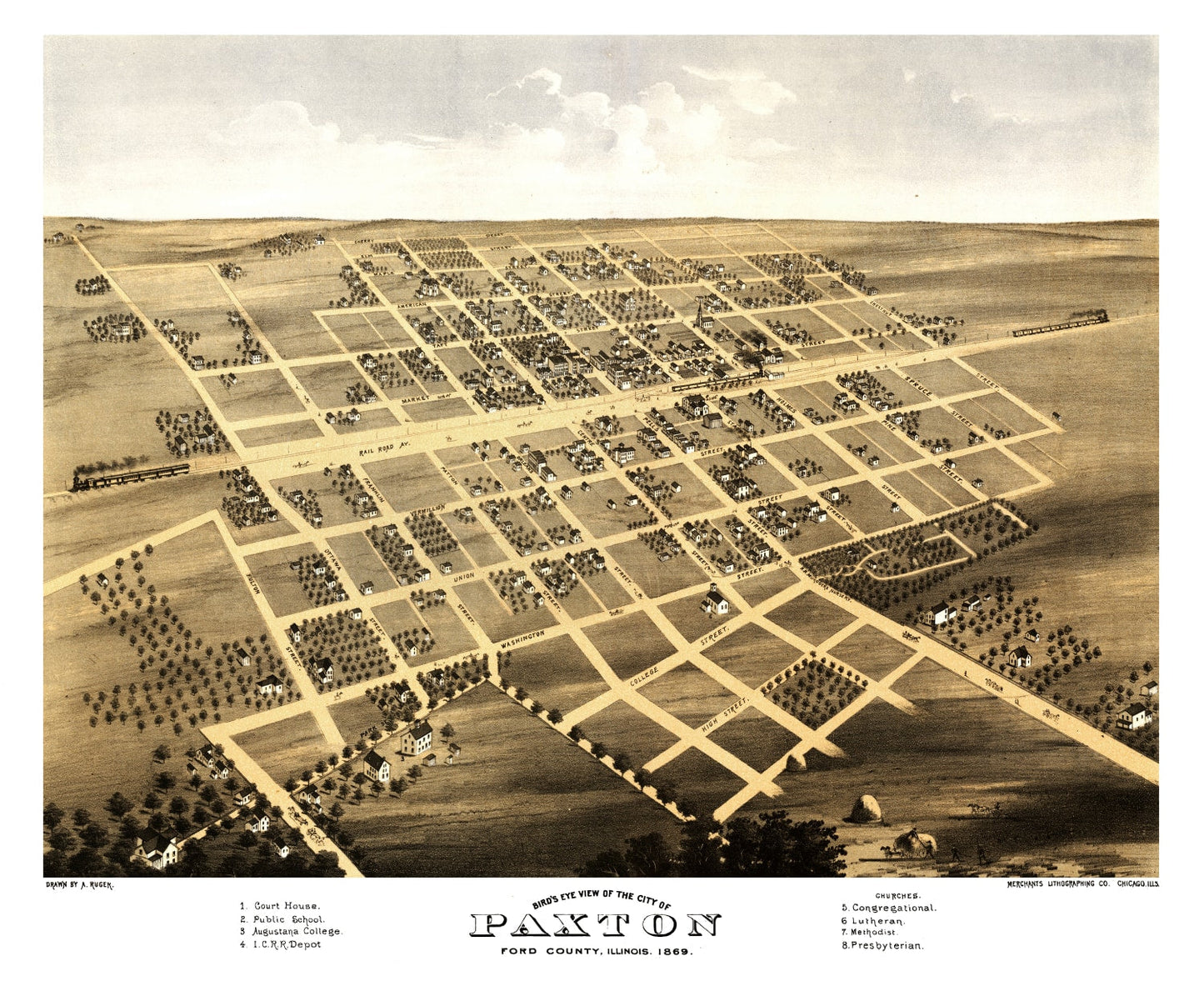 Vintage Map of Paxton, Illinois, 1869