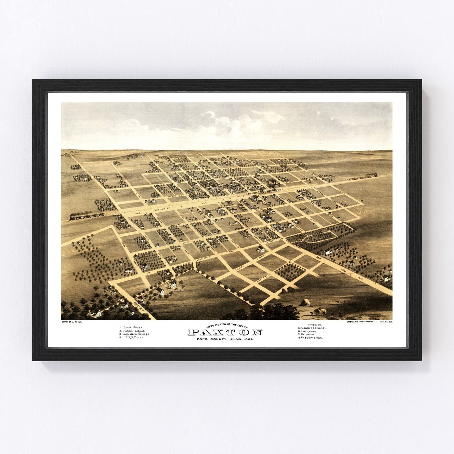 Vintage map of Paxton, Illinois, 1869