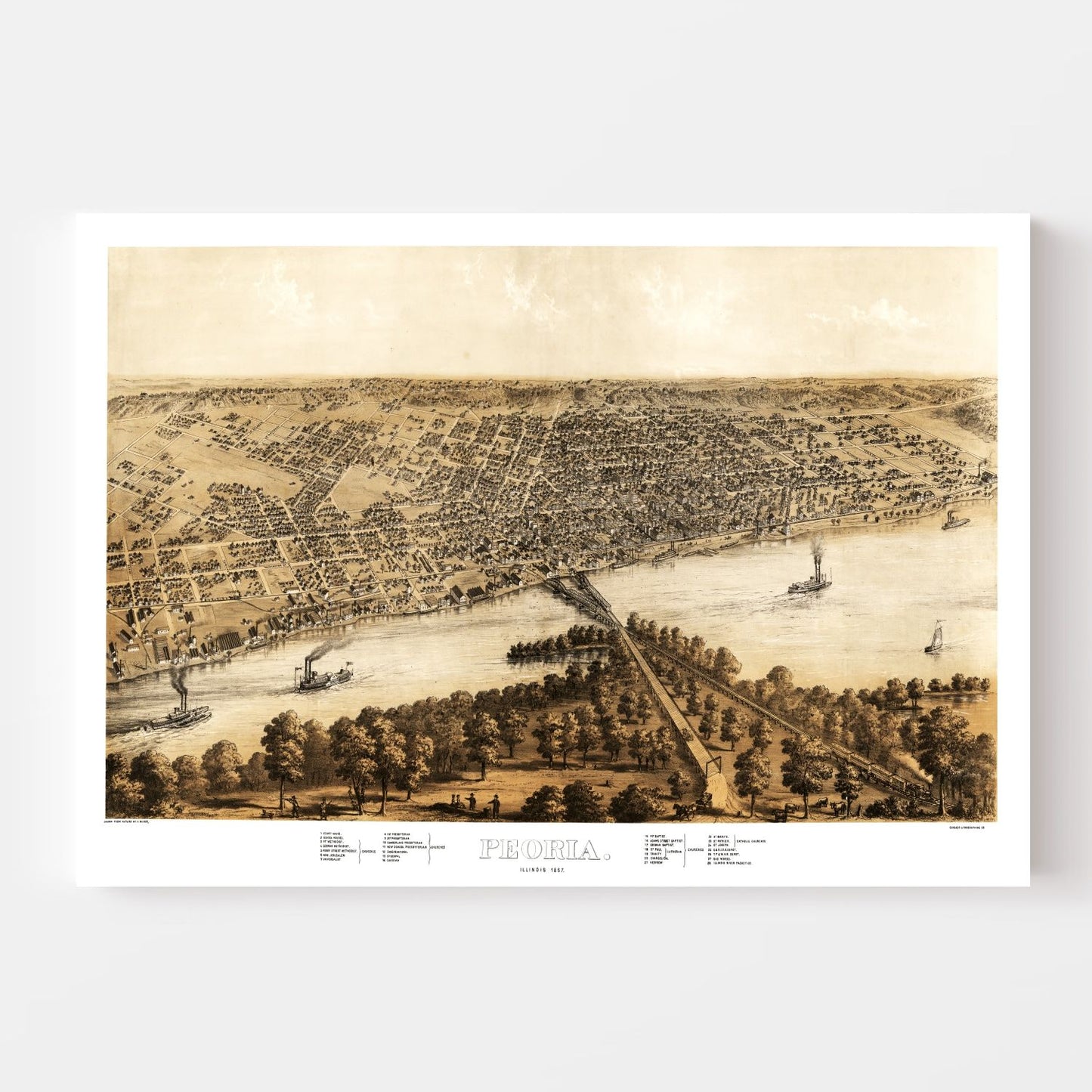 Vintage Map of Peoria, Illinois, 1867
