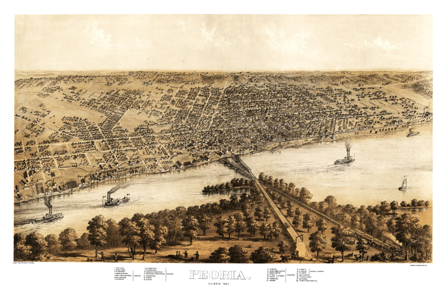 Vintage Map of Peoria, Illinois, 1867