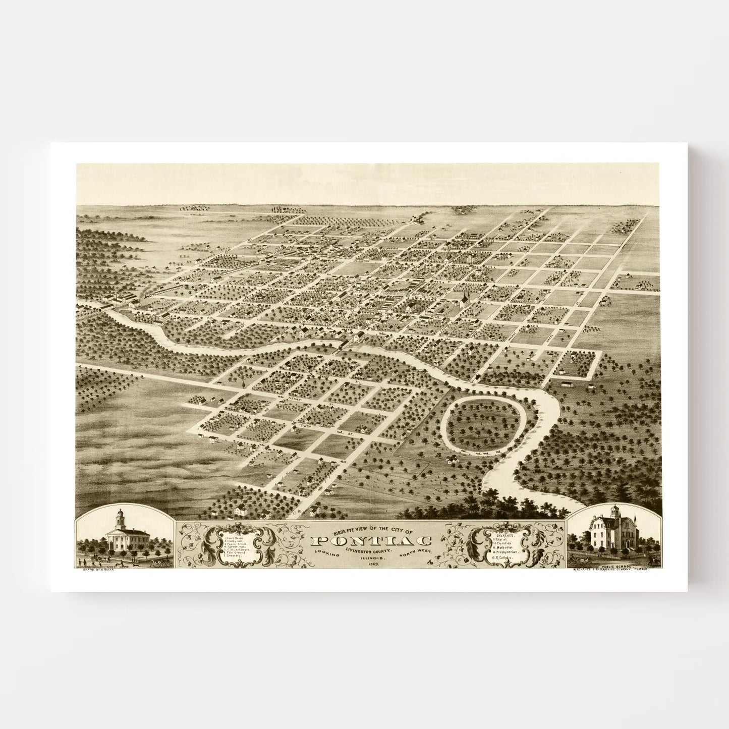 Vintage Map of Pontiac, Illinois, 1869