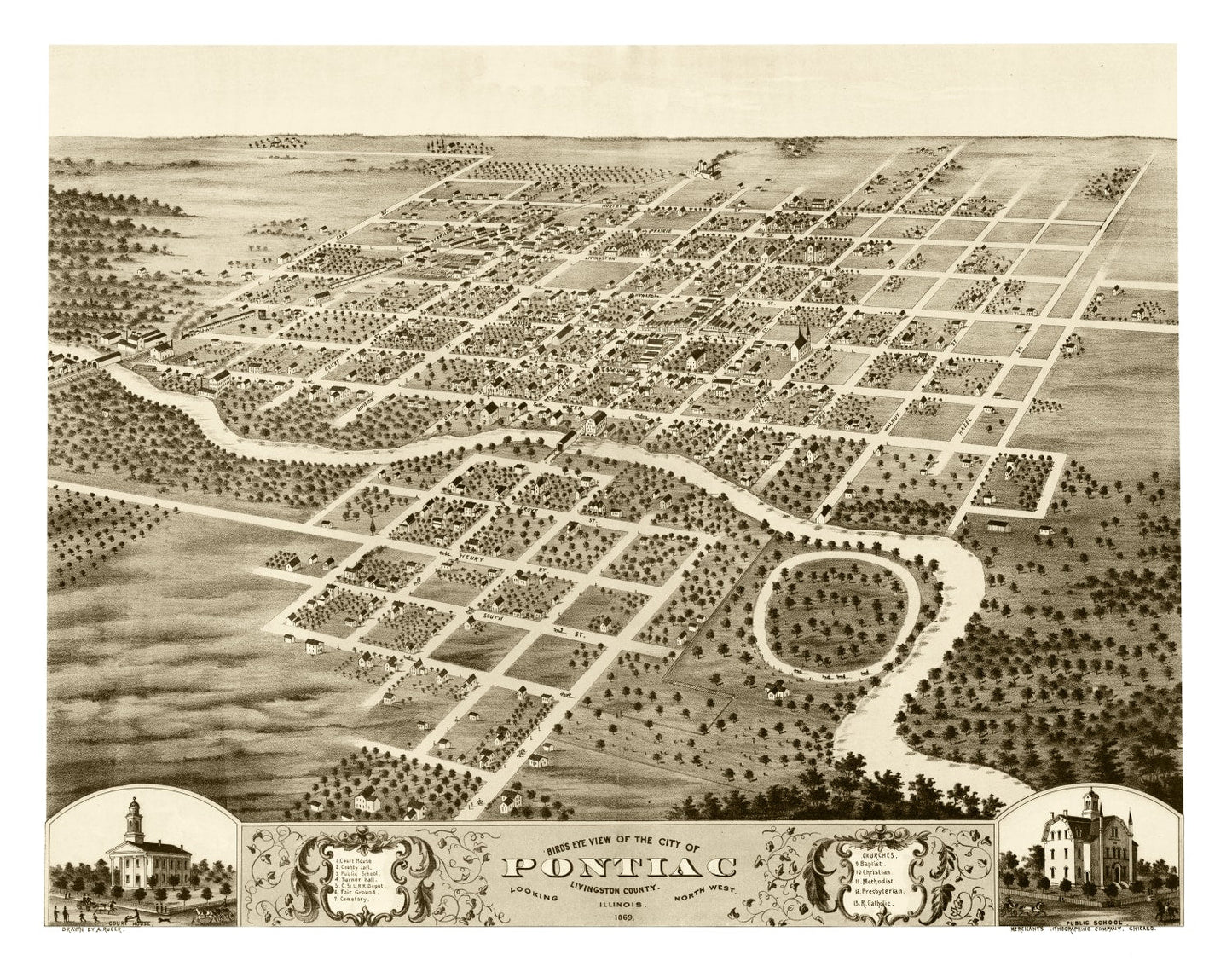 Vintage Map of Pontiac, Illinois, 1869