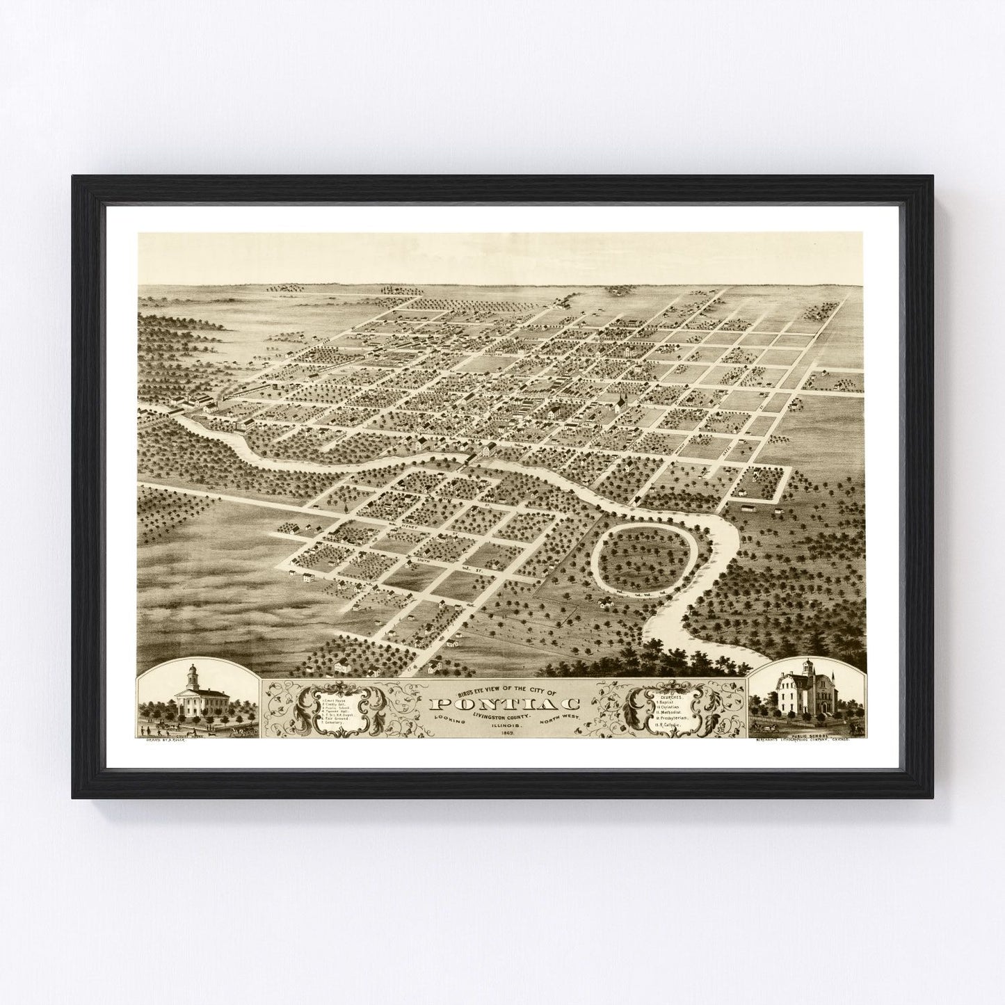 vintage map of Pontiac, Illinois, 1869