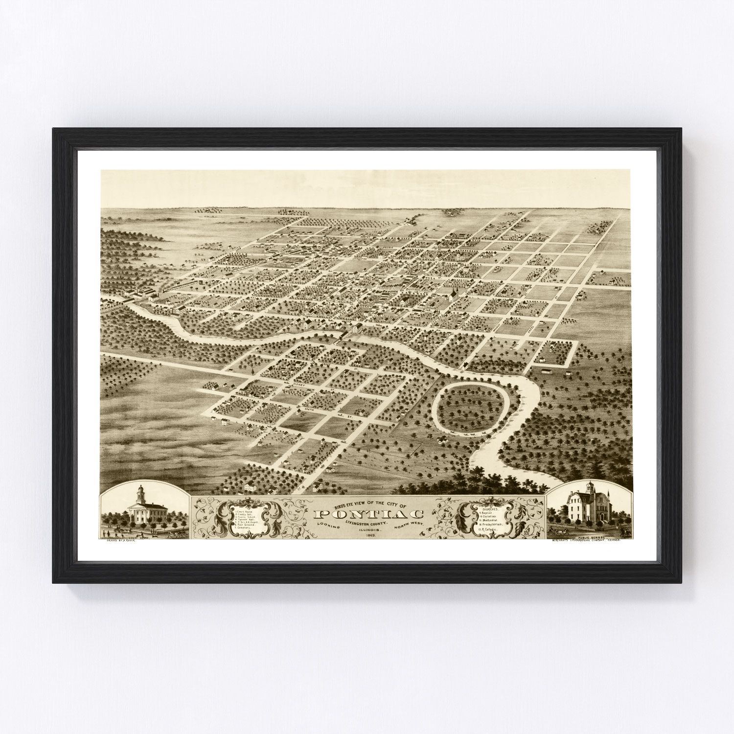 vintage map of Pontiac, Illinois, 1869