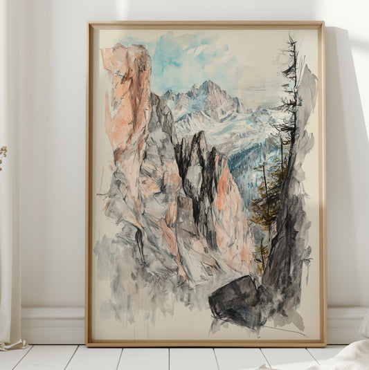 Alpine canyon watercolor mountain cliff giclee wall art print