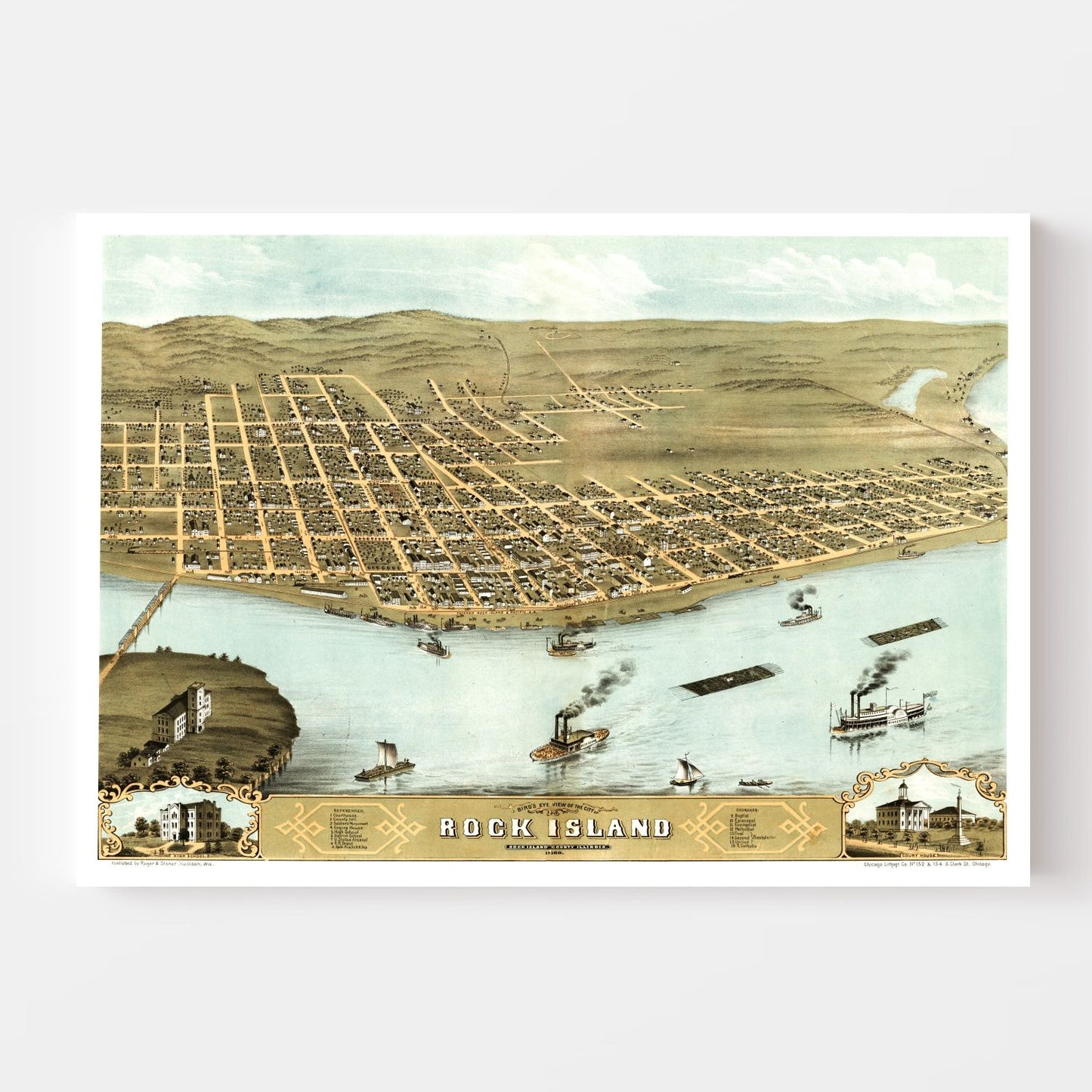 Vintage Map of Rock Island, Illinois, 1869