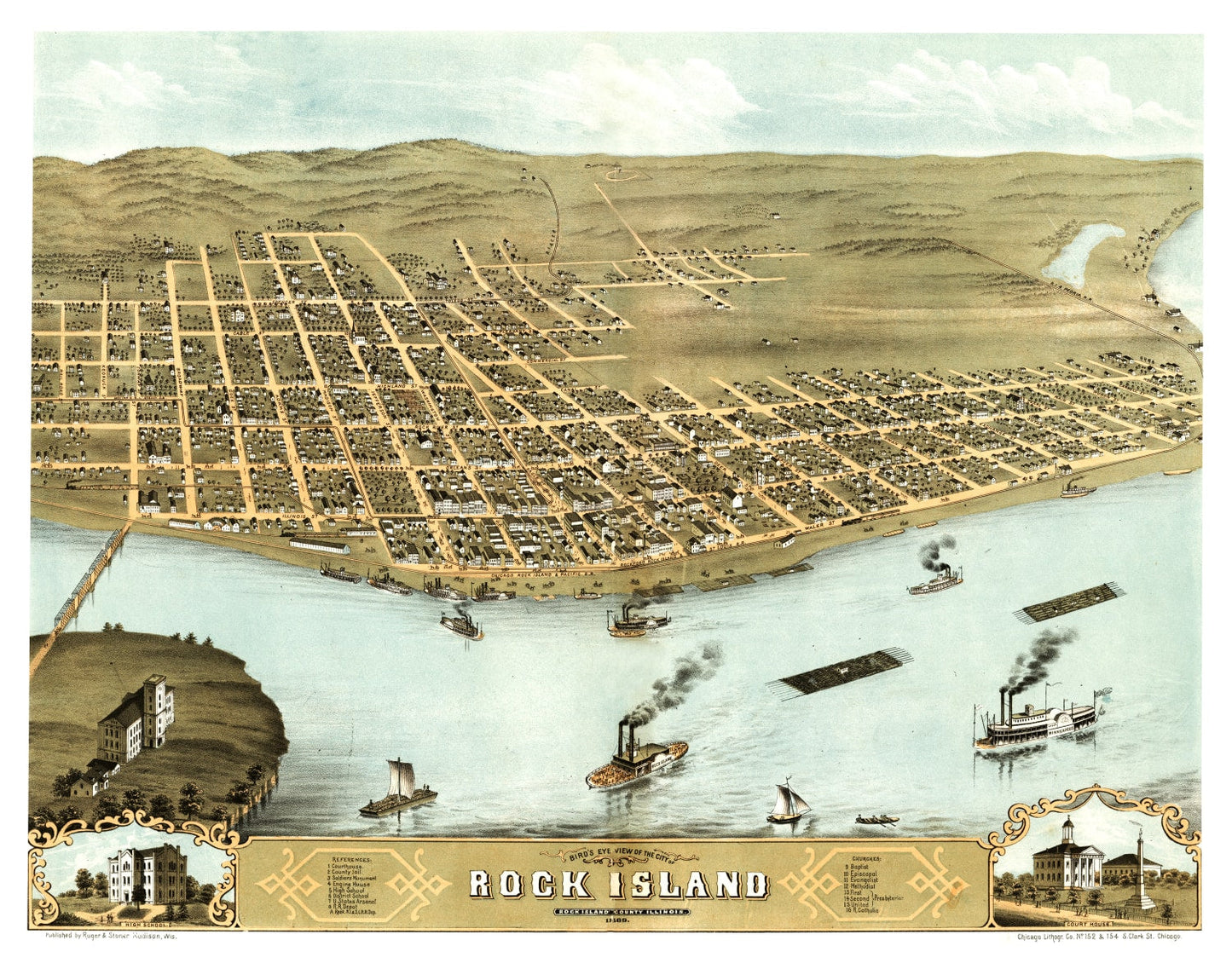 Vintage Map of Rock Island, Illinois, 1869