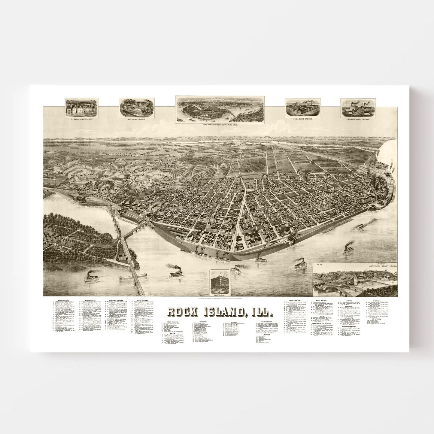 Vintage Map of Rock Island, Illinois, 1889