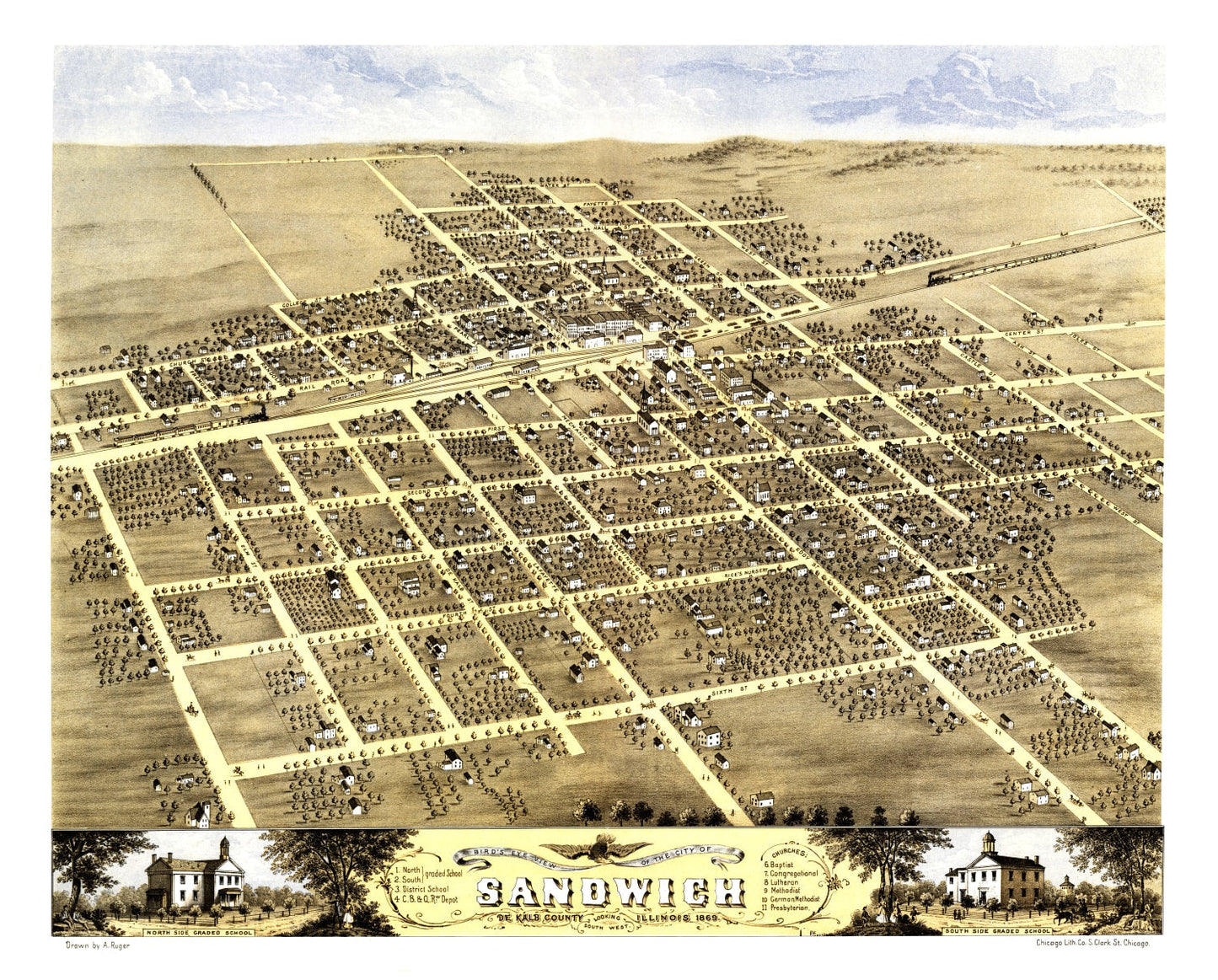 Vintage Map of Sandwich, Illinois, 1869