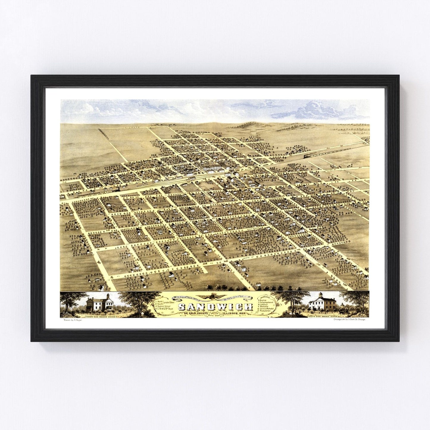vintage map of Sandwich, Illinois, 1869