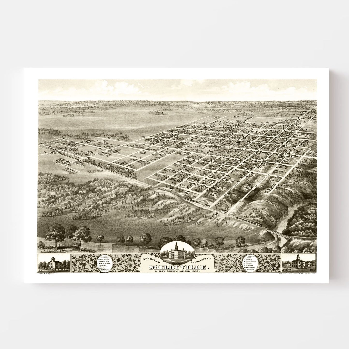 Vintage Map of Shelbyville, Illinois, 1869