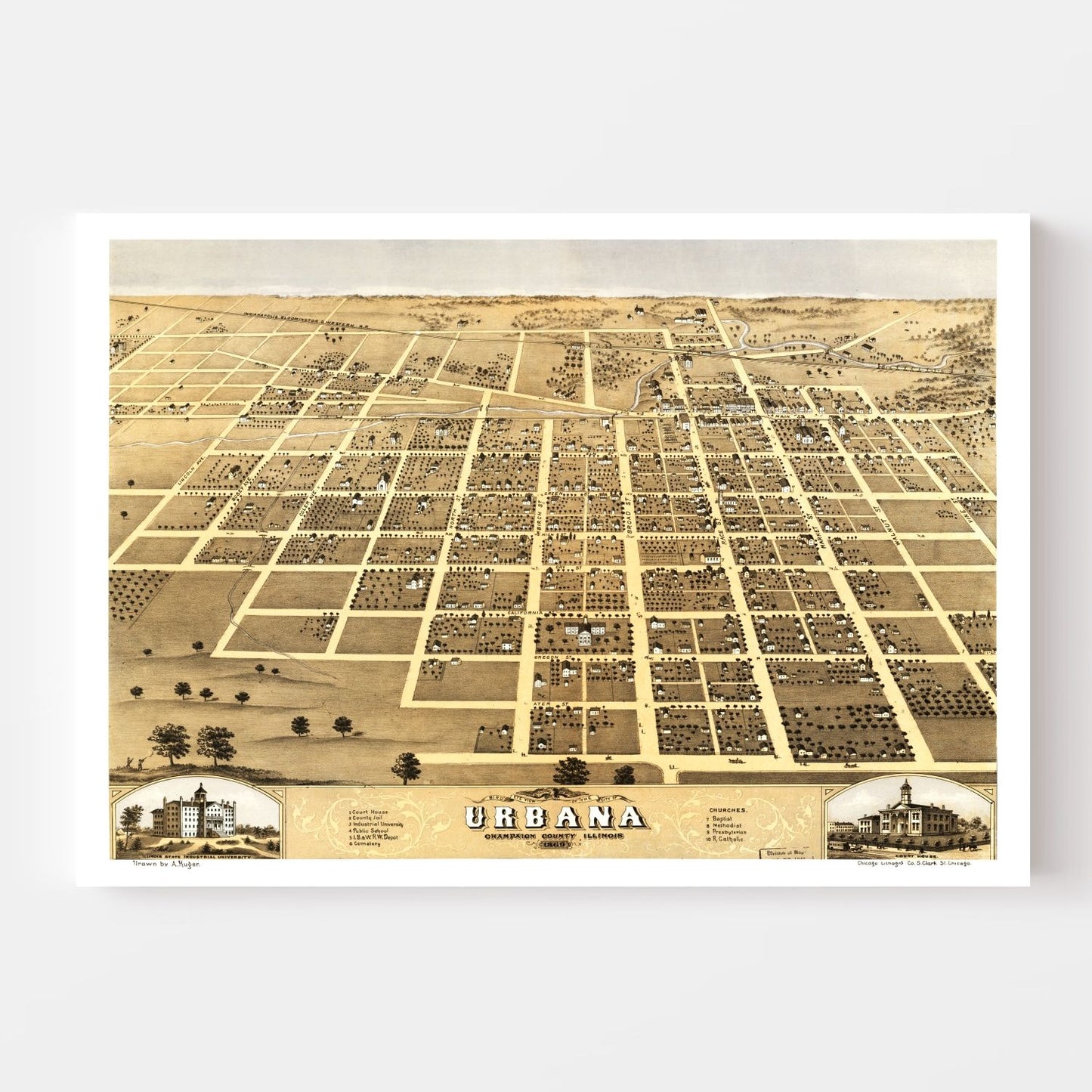 Vintage Map of Urbana, Illinois, 1869