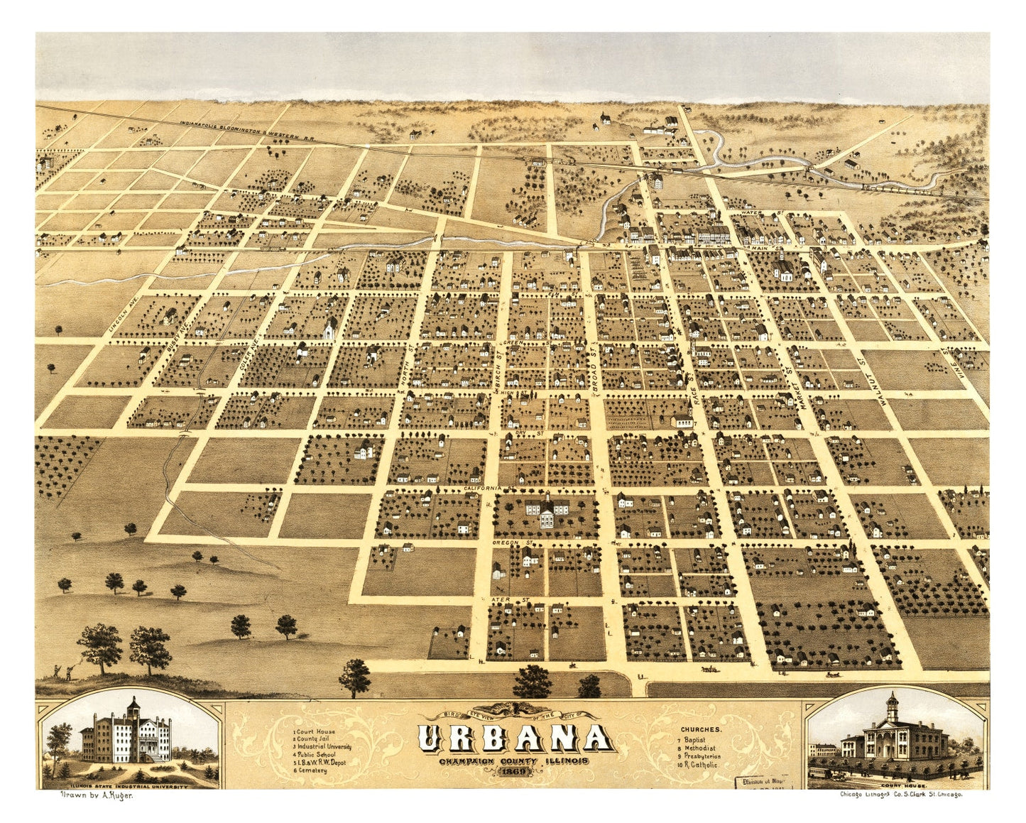 Vintage Map of Urbana, Illinois, 1869
