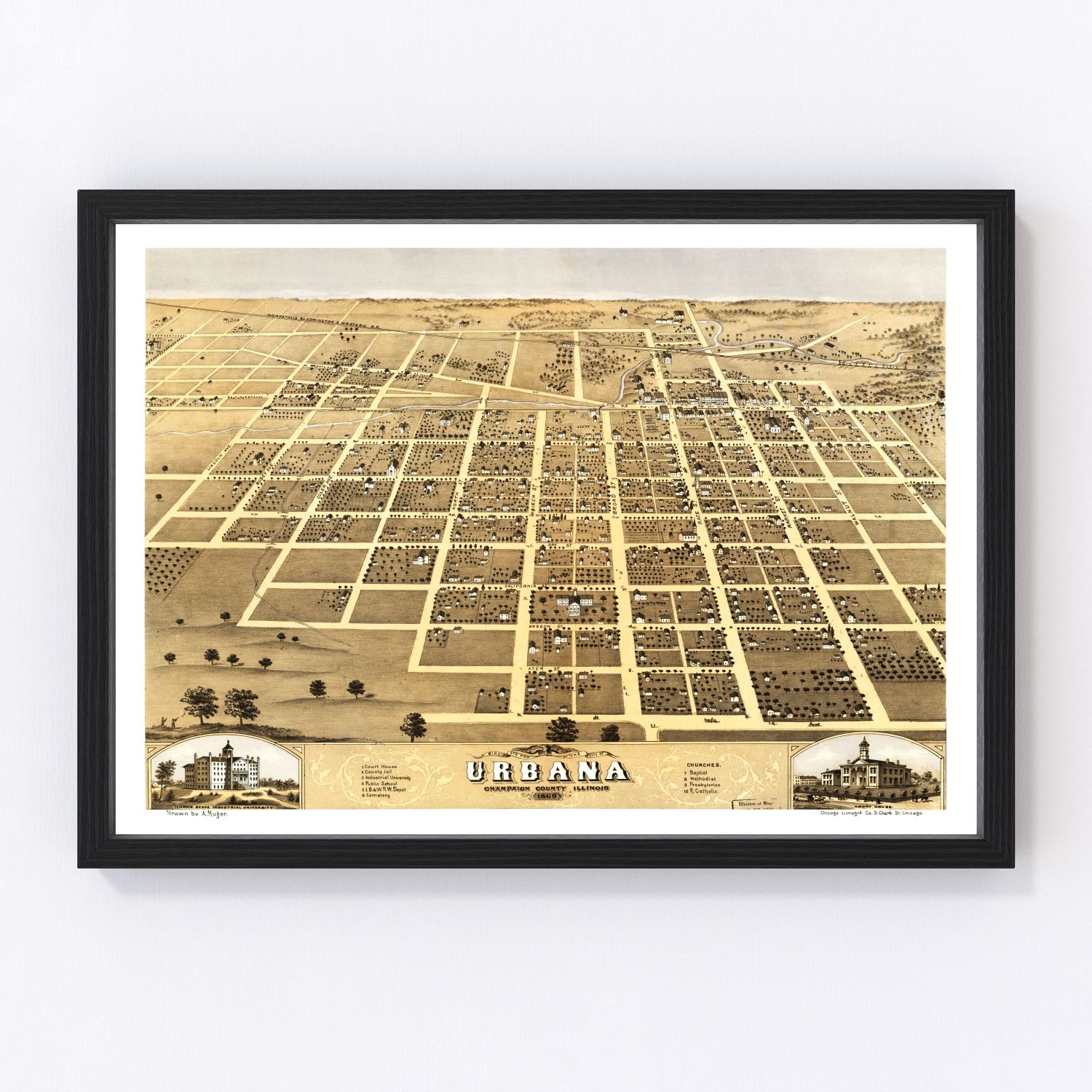 vintage map of Urbana, Illinois, 1869